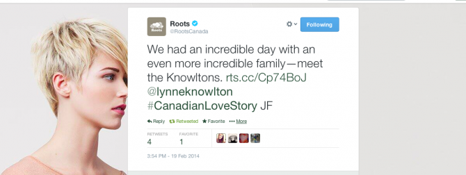 Best day ever !! We had an incredible day with an even more incredible family—meet the Knowltons. http://t.co/giibUQ44et @lynneknowlton #CanadianLoveStory Roots (@RootsCanada)